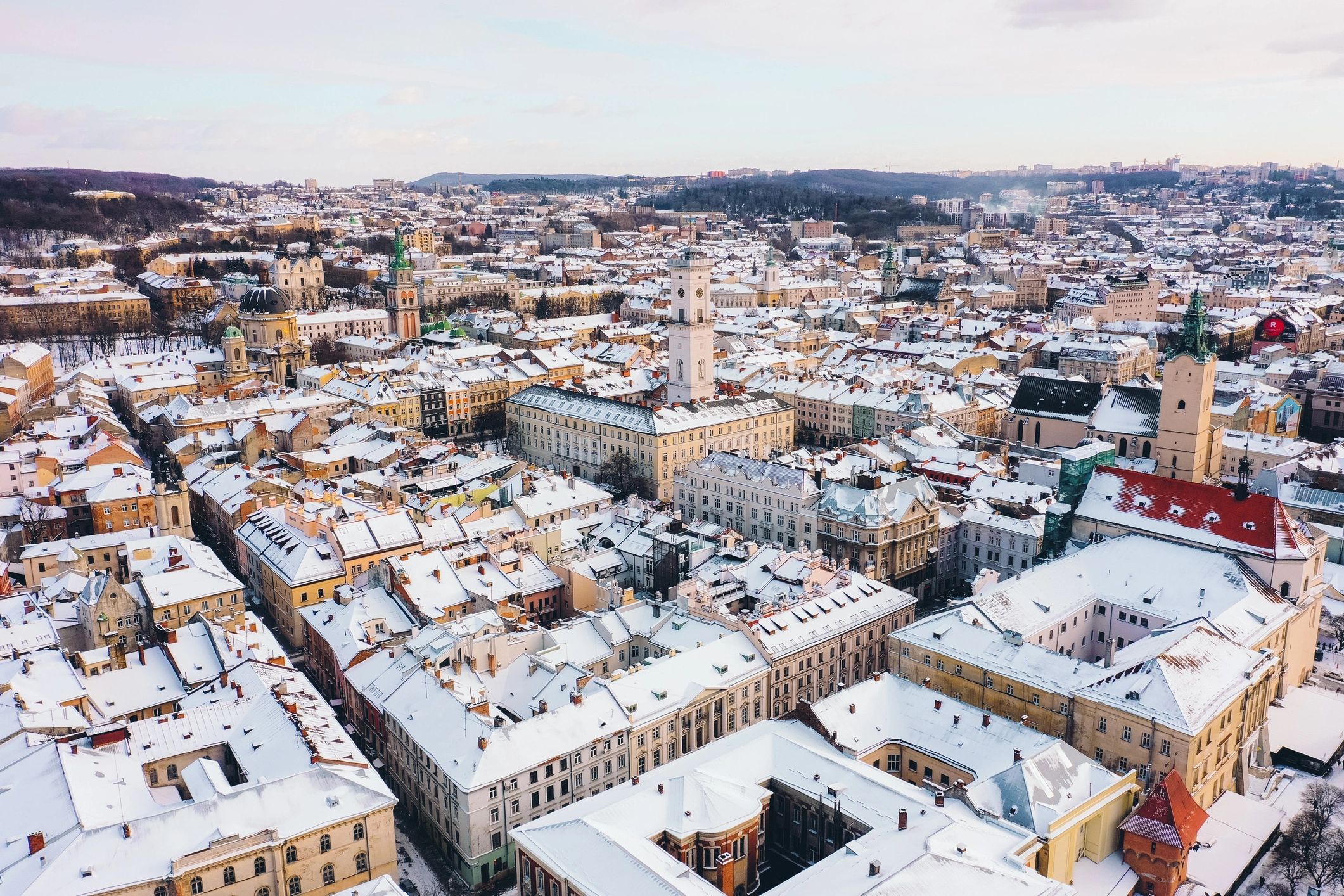 Snowy old town cityscape in winter