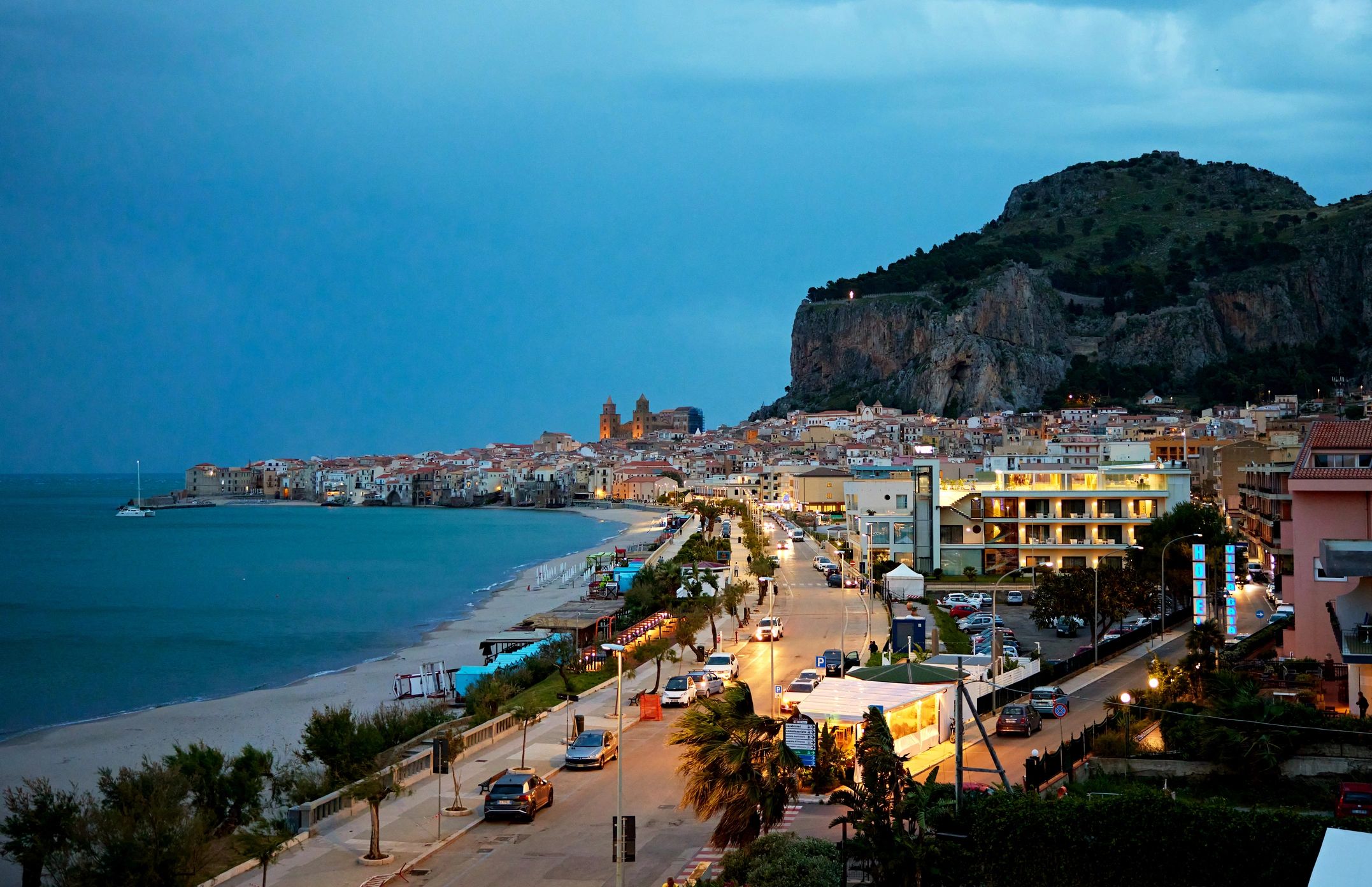 Coastal town at dusk in Italy