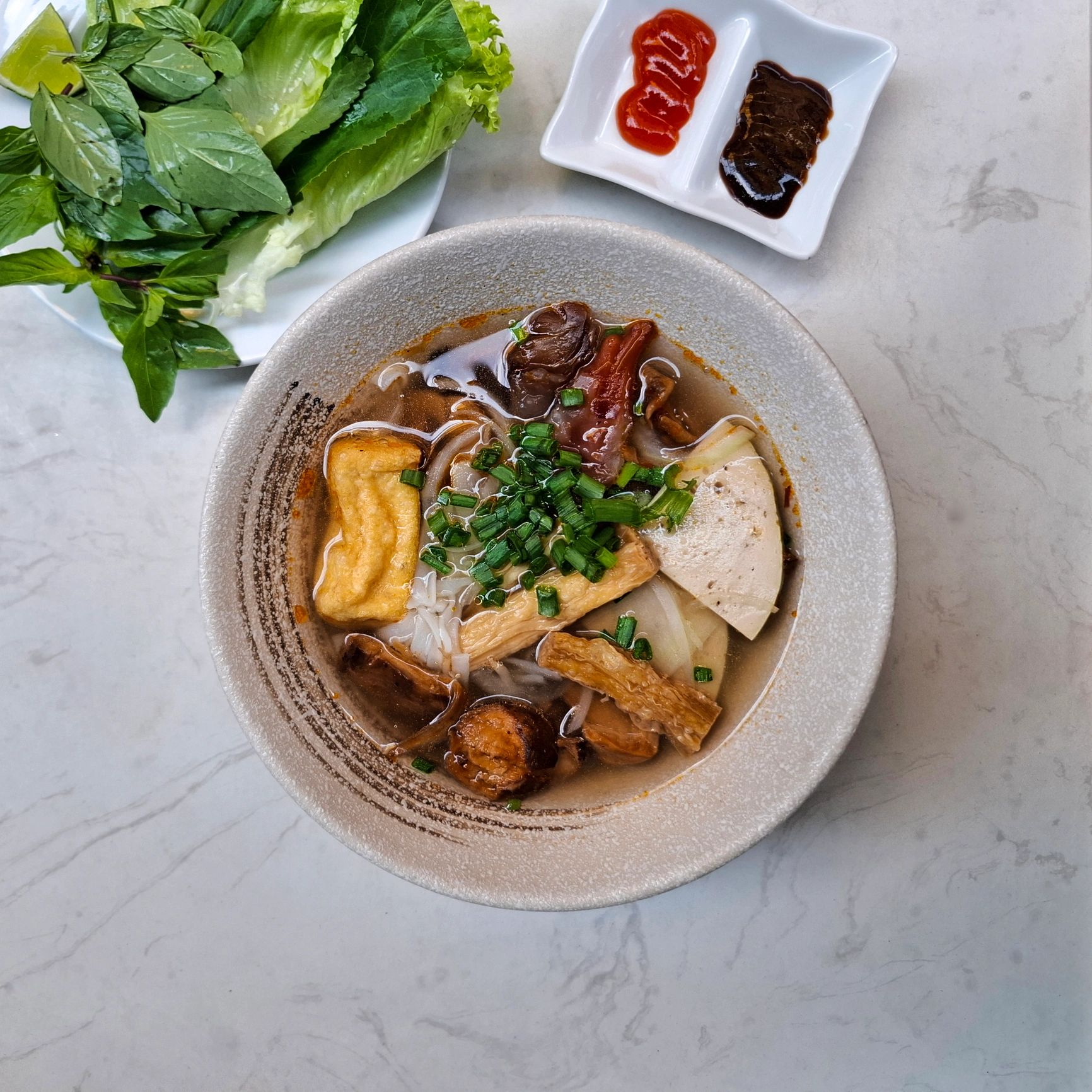 Vietnamese pho bowl top view