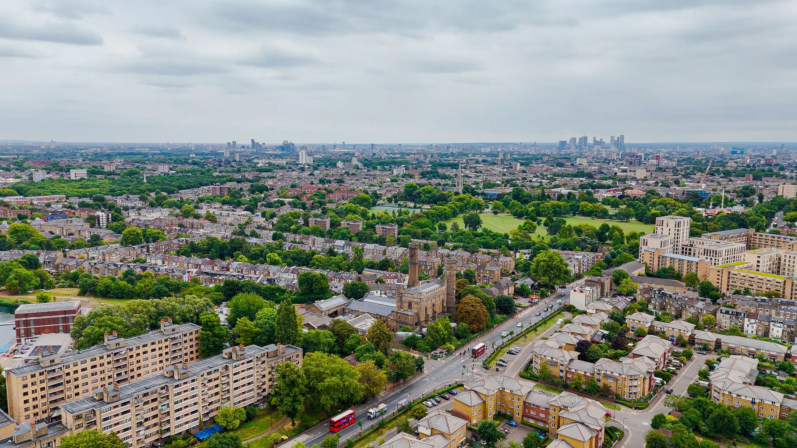 Aerial view of London neighbourhoods with greenery
