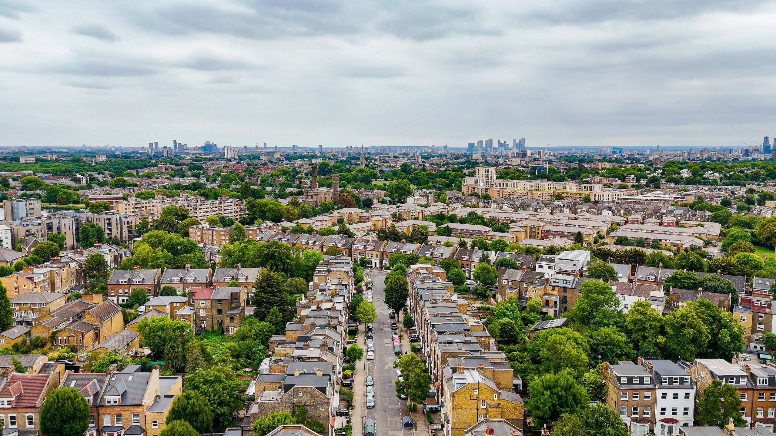 Aerial view of London neighbourhoods and skyline