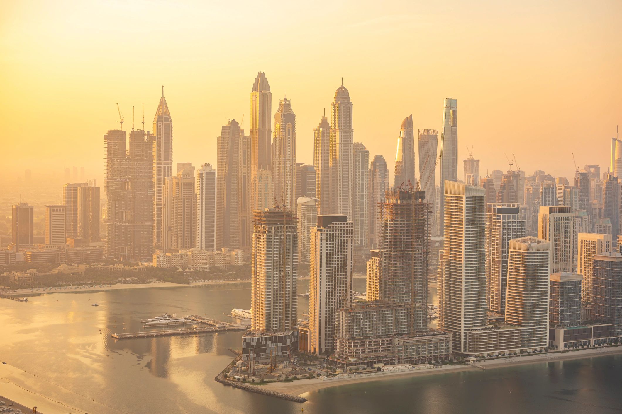 Dubai skyline and marina at sunset