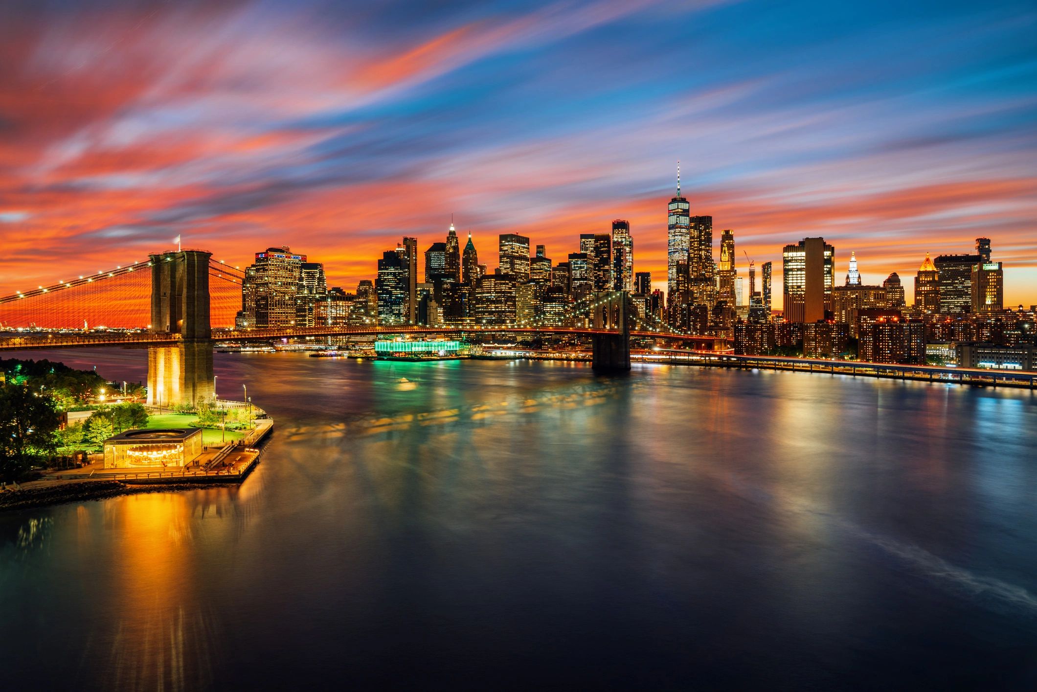 Brooklyn Bridge and Manhattan skyline at sunset